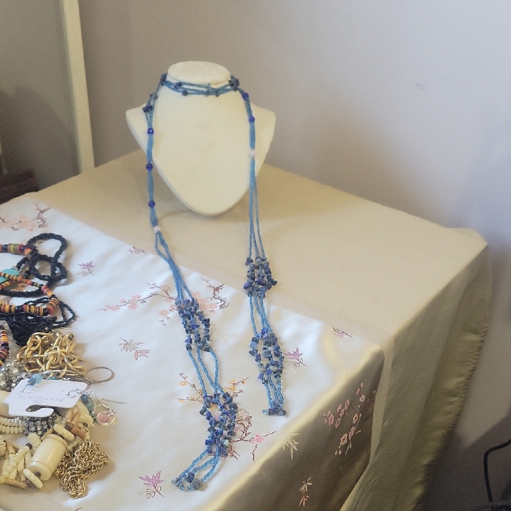 Blue Bead & Stone Neck Wrap Necklace
